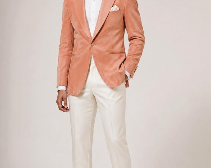 Orange Suede Tuxedo Jacket for Men, Tailored Peak Lapel, Groom Tuxedo with Ivory Bow-Tie