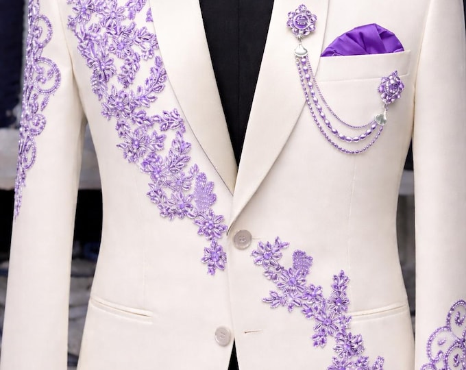 White Lavender Embroidered Tuxedo Jacket – Custom Groom Wedding Blazer