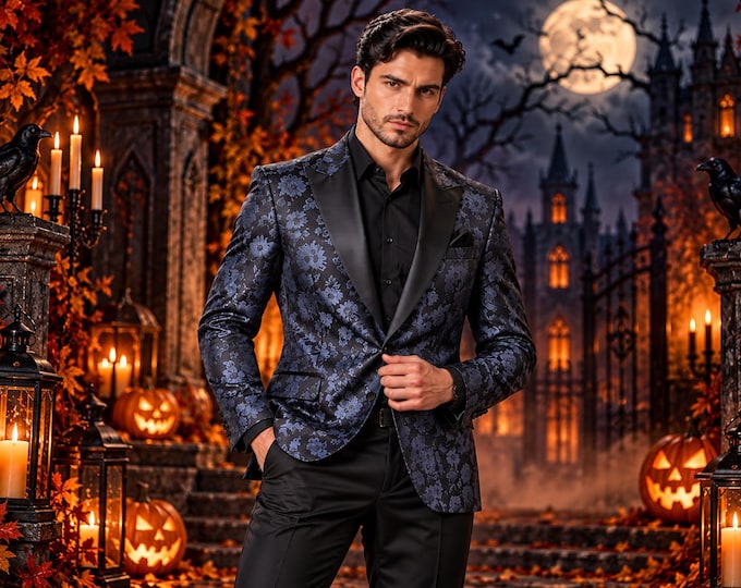 Gothic Floral Brocade Tuxedo Jacket, Black Satin Lapels, Custom Fit (Made to Measure)