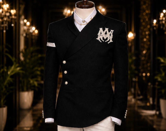 Handmade Black Prom Suit, Custom Designer Blazer, White Trousers, Rhinestone Detail