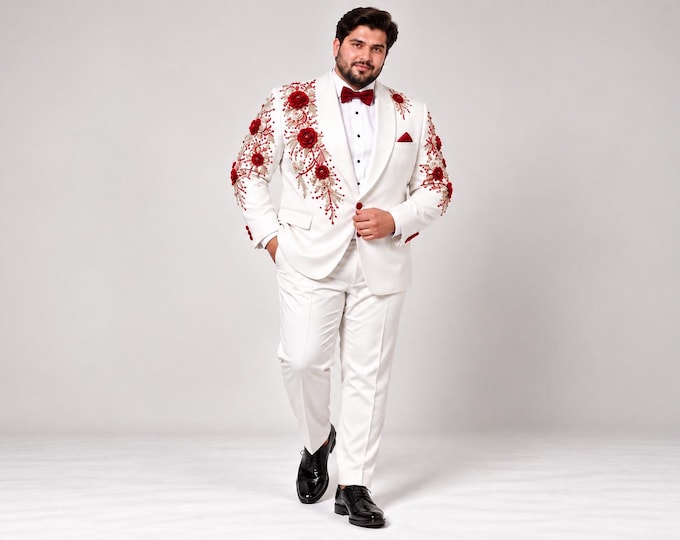 Custom Plus Size Tuxedo for Men, Made-to-Measure Wedding Groom Suit FLORAL WORK, Handcrafted Beads