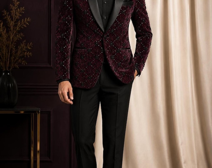Velvet Tuxedo, Wine Sequin Dinner Jacket, Custom Tailored Formal Suit