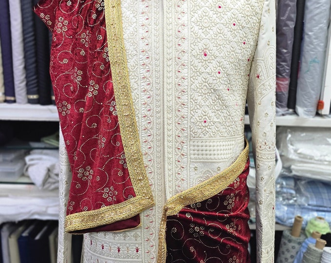 Ivory Silk Embroidered Sherwani Set: Indian Wedding Groom Attire
