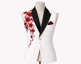 White Tuxedo Vest – Red Floral Embroidery, Black Lapel, Groom Wedding Indo-Western