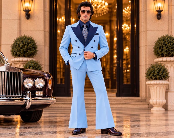 Powder Blue 70s Double-Breasted Suit, Navy Contrast Flared Trousers, Bespoke Menswear
