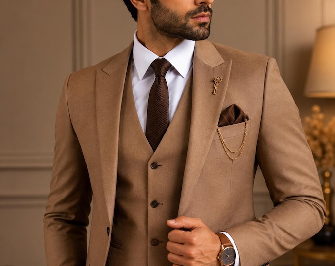 Light Brown 3 Piece Suit, Slim Fit, Formal Wear