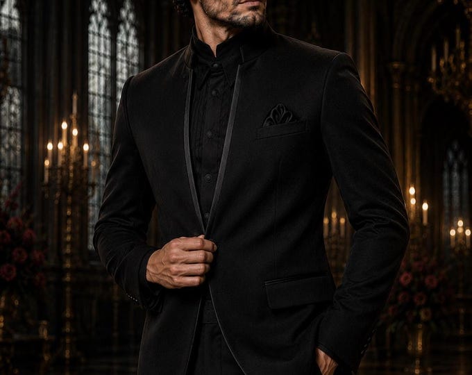 Black Gothic Wedding Tuxedo, Velvet, Moon Embroidery, Made To Measure