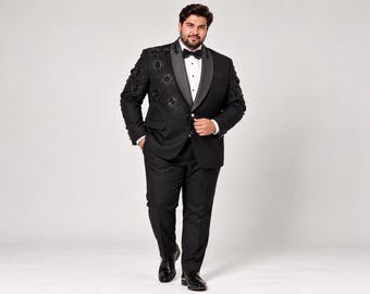 Custom Plus Size Tuxedo for Men, Made-to-Measure Wedding Groom Suit FLORAL WORK, Handcrafted Beads