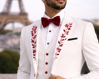 Red Embroidered White Tuxedo Bespoke Suit | Red work Lapel Detail, Custom Fit Formal Wear