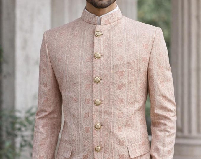 Pink Embroidered Custom Jodhpuri Set Suit | Men's Wedding Bandhgala