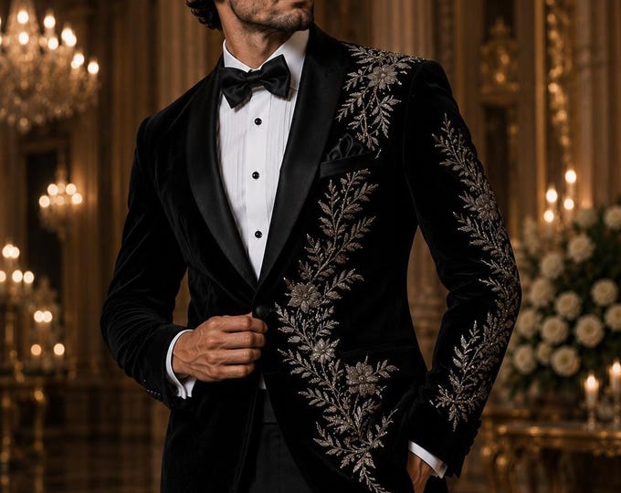 Black Crystal Tuxedo Jacket, Luxury Made To Measure Mens Tuxedo