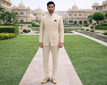 Ivory Velvet Bandhgala Suit Men | Custom Jodhpuri Groom Reception Outfit