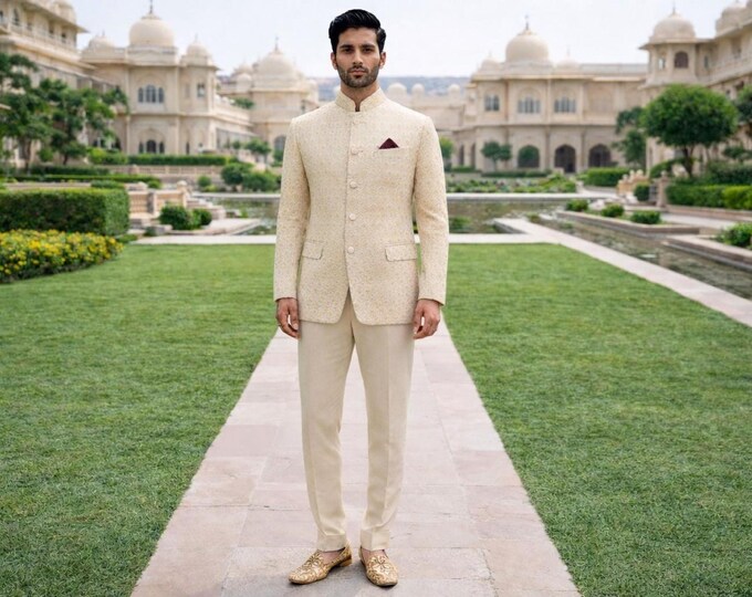 Ivory Beige Velvet Bandhgala Suit – Men's Jodhpuri Wedding Reception Outfit