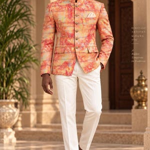 Chaqueta Bandhgala indo-occidental para hombre, estampado africano en tonos pastel, blazer con cuello mandarín.