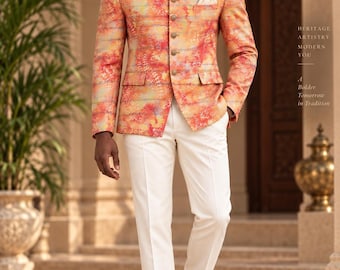 Indo-westerse Bandhgala-jas voor heren, pastelkleurige Afrikaanse print, blazer met mandarijnkraag