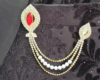 Regal Red Gemstone Brooch with Pearl Drape - Customizable Sizes for Formal Occasions Paridhan Tailors
