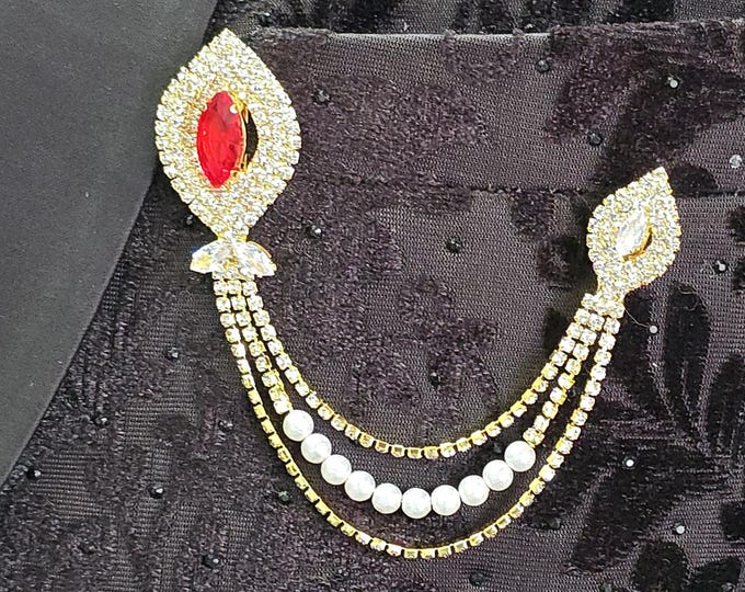 Regal Red Gemstone Brooch with Pearl Drape - Customizable Sizes for Formal Occasions Paridhan Tailors