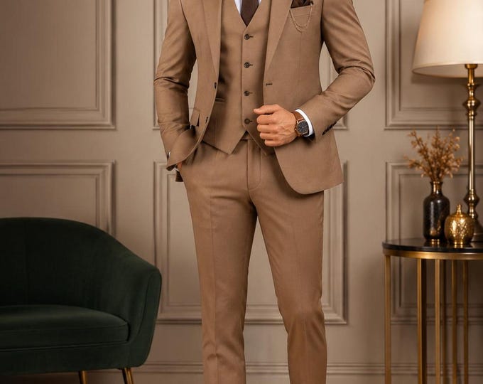 Light Brown 3 Piece Custom Suit, Slim Fit Wedding Groom Prom Formal Wear