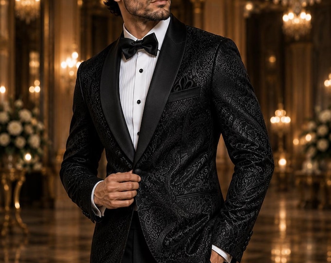 Black Paisley Jacquard Tuxedo, Slim Fit, Satin Lapel, Custom Tailored