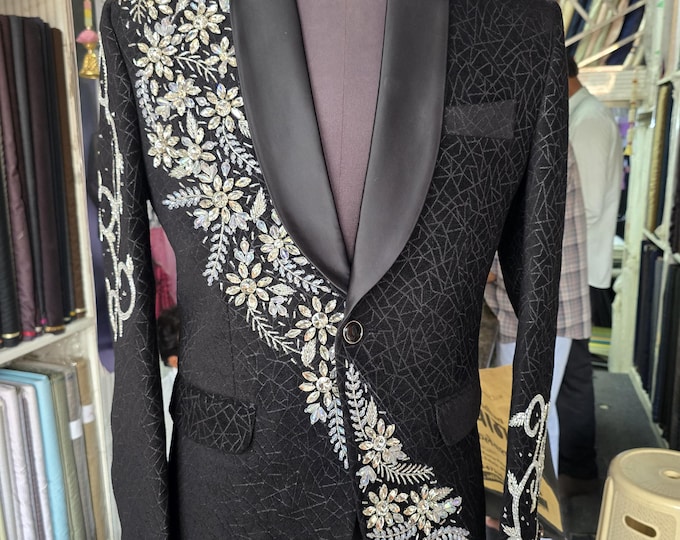 Black Two-Button Embroidered Men’s Wedding Suit, Silver Trim, Custom Tailoring