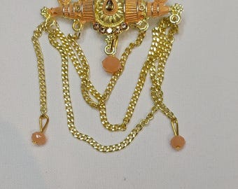 L&#39;Couture Pink Enamel Flower Brooch with Chain Detailing for Wedding, Suit, Jodhpuri, Sherwani, Achkan