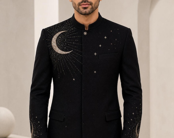 Black Embroidered Groom Bandhgala, Celestial Wedding Jodhpuri, Mandarin Collar Custom Suit