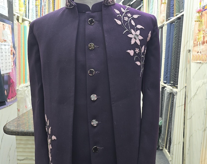 Purple Embroidered Sherwani Suit, Indian Wedding Outfit, Indo Western Custom Tailored, Made-to-Measure