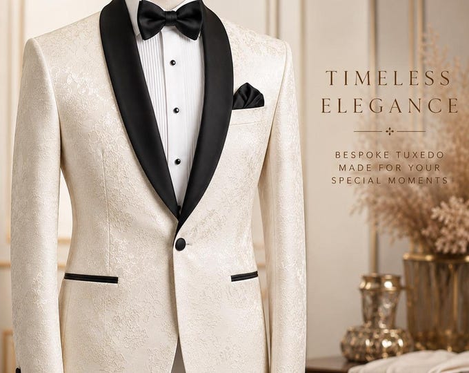 Beige Jacquard Wedding Tuxedo, Slim Fit Groom Suit