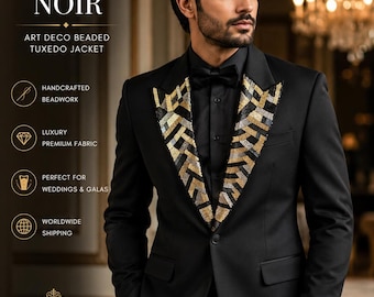 Black Tuxedo Beaded Jacket, Art Deco Embroidered Shawl Lapel