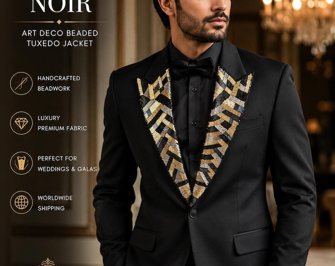 Black Tuxedo Beaded Jacket, Art Deco Embroidered Shawl Lapel