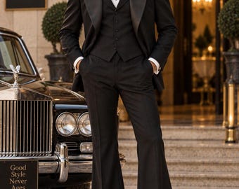 70s Retro Groom Tuxedo, Wide Peak Lapel, Flared Trousers, Custom Tailored Black Suit