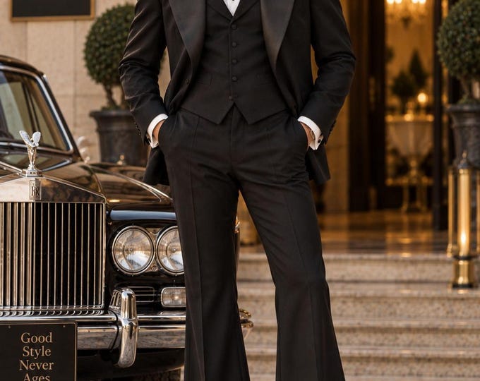 70s Retro Groom Tuxedo, Wide Peak Lapel, Flared Trousers, Custom Tailored Black Suit