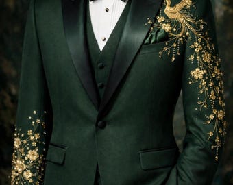 Emerald Tuxedo Men | Handmade Gold Floral Embroidered Prom Suit