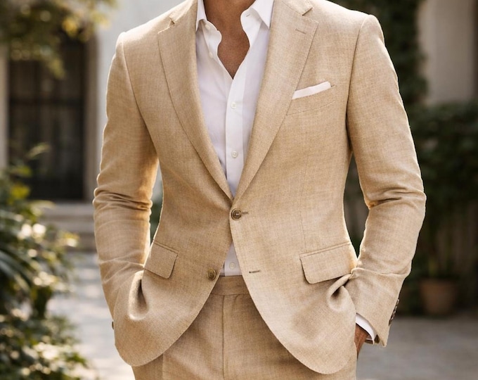 Custom Beige Linen Suit – Slim Fit Summer Wedding Suit
