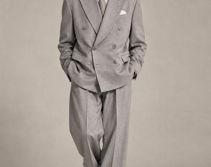 Custom Grey Double Breasted Mens Suit, Wide Leg Trousers, 70s Inspired Style