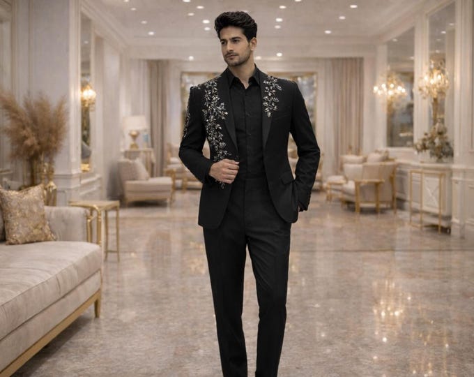 Luxury Handcrafted Black Crystal Embroidered Suit Jacket – Statement Blazer for Weddings & Evening Events