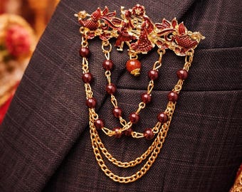 Red Gold Groom Sherwani Brooch with Chain | Indian Wedding Groom Jewelry Lapel Pin