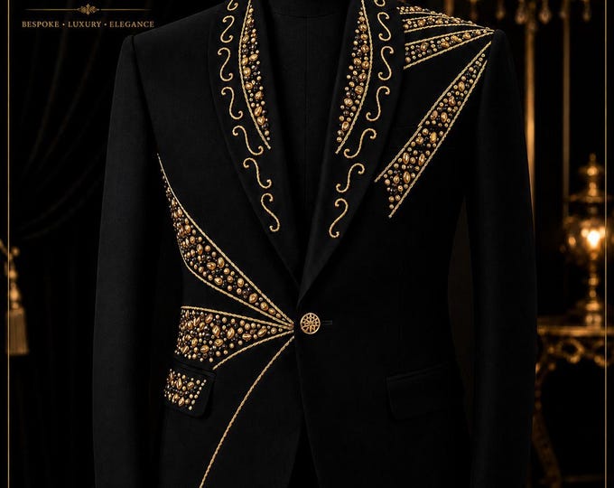 Black Gold Handcrafted Crystal Embroidery Tuxedo, Luxury Bespoke Groom Suit, Beaded Blazer