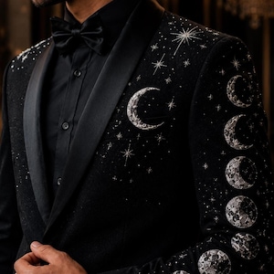Black Celestial Tuxedo Jacket | Moon Phase, Star Embroidered Prom Suit, Satin Shawl Lapel