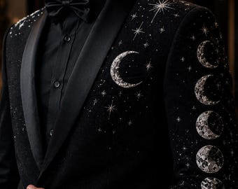 Black Celestial Tuxedo Jacket | Moon Phase, Star Embroidered Prom Suit, Satin Shawl Lapel