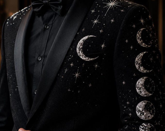 Black Celestial Tuxedo Jacket | Moon Phase, Star Embroidered Prom Suit, Satin Shawl Lapel