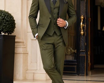 Olive Green Groom Wedding Suit, Men's 3pc Tuxedo, Tailored Fit