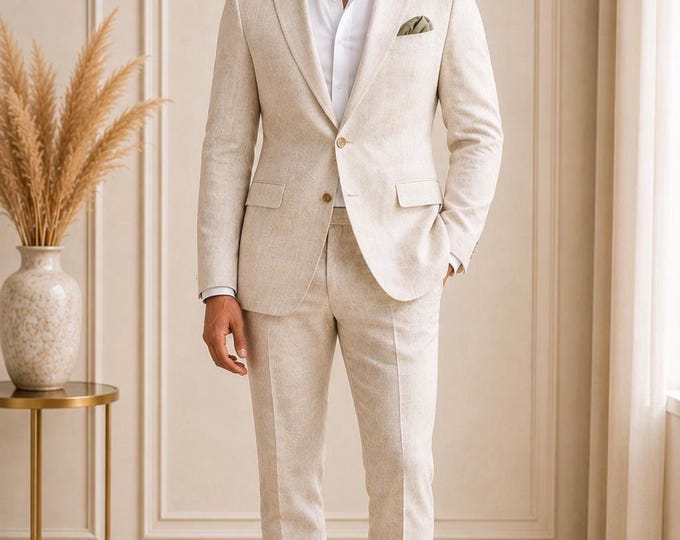 Linen Suit Men, Cancer Zodiac Style, Beige Summer Mens Outfit
