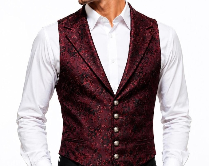 Men’s Gothic Wedding Vest, Dark Maroon Brocade, Custom Size Waistcoat