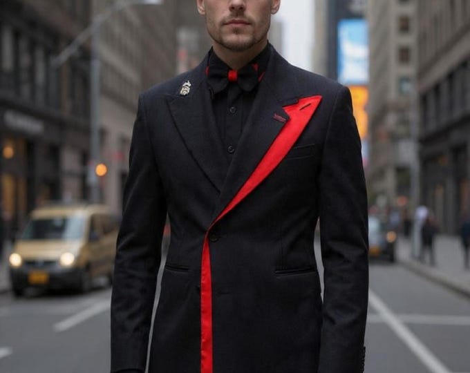 Black with Red Stripe Tuxedo Blazer Prom Suit, Groom Outfit