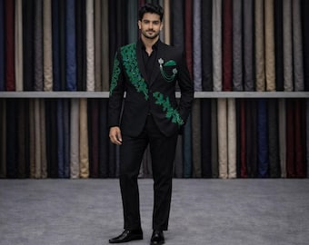 Black Embroidered Bespoke Suit Men | Emerald Green Designer Tuxedo, Custom Tailored Groom Wear
