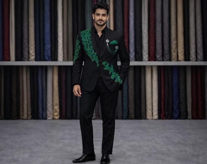 Black Embroidered Bespoke Suit Men | Emerald Green Designer Tuxedo, Custom Tailored Groom Wear