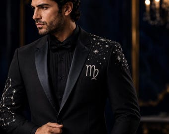 Virgo Zodiac Tuxedo Jacket | Black Silver Celestial Constellation Suit | Satin Lapel