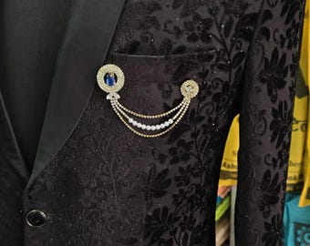 Sapphire Brooch Pin – Pearl Crystal Lapel, Wedding Formalwear