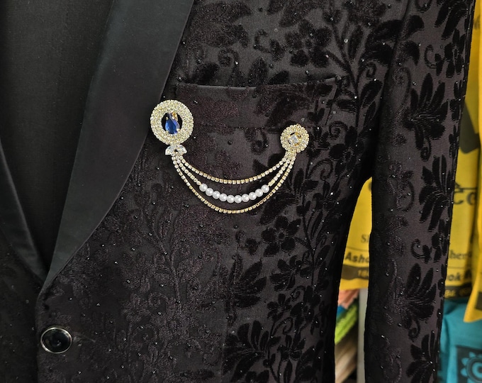 Sapphire Brooch Pin – Pearl Crystal Lapel, Wedding Formalwear